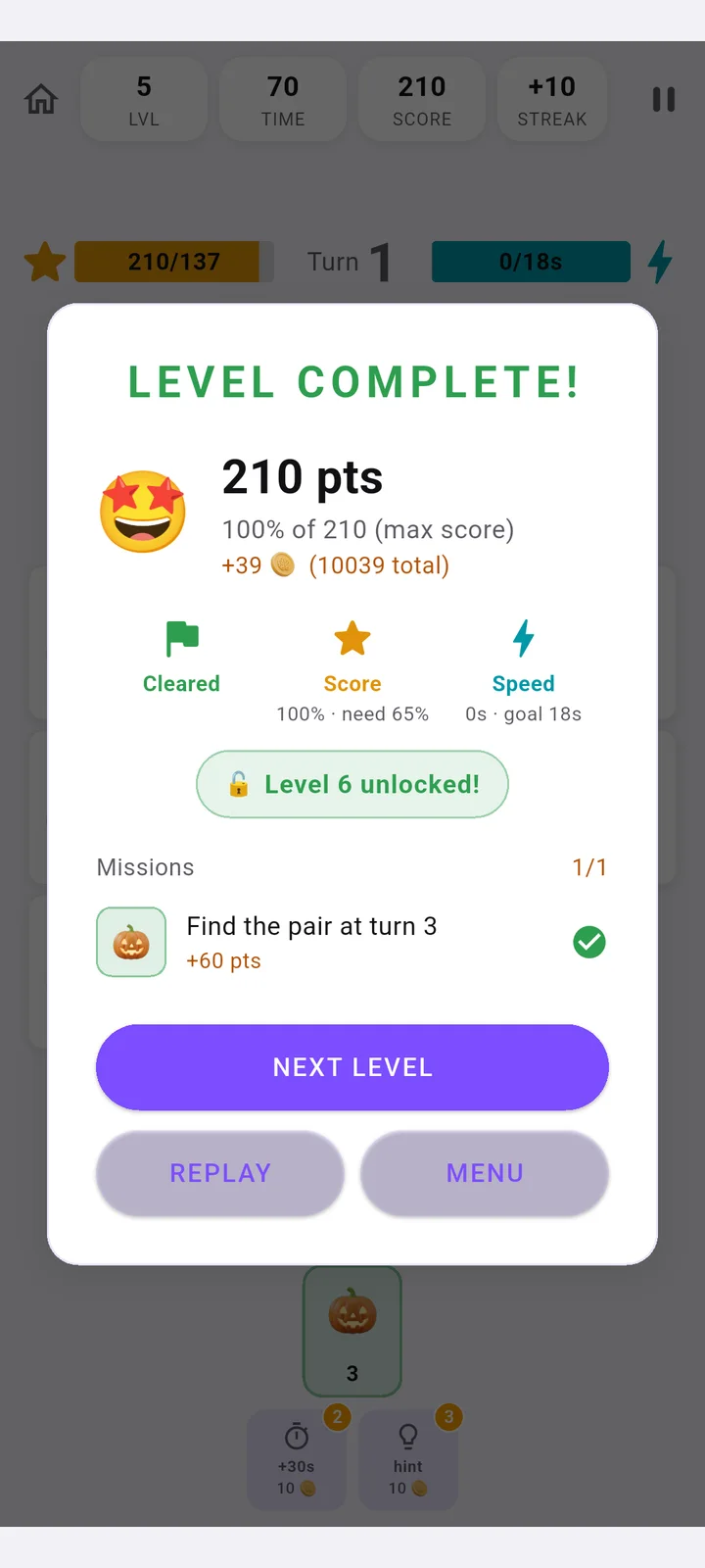 Level complete with a perfect score and three stars